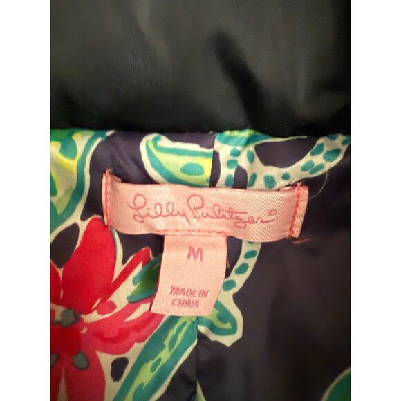 Lilly Pulitzer Navy Puffer Vest Floral Lining M Gold Zipper Quilted Winterwear - Picture 5 of 6
